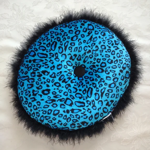 Velvet round Pink Bleu pillow Cushion feather trim Leopard Animal Print - Picture 2 of 6